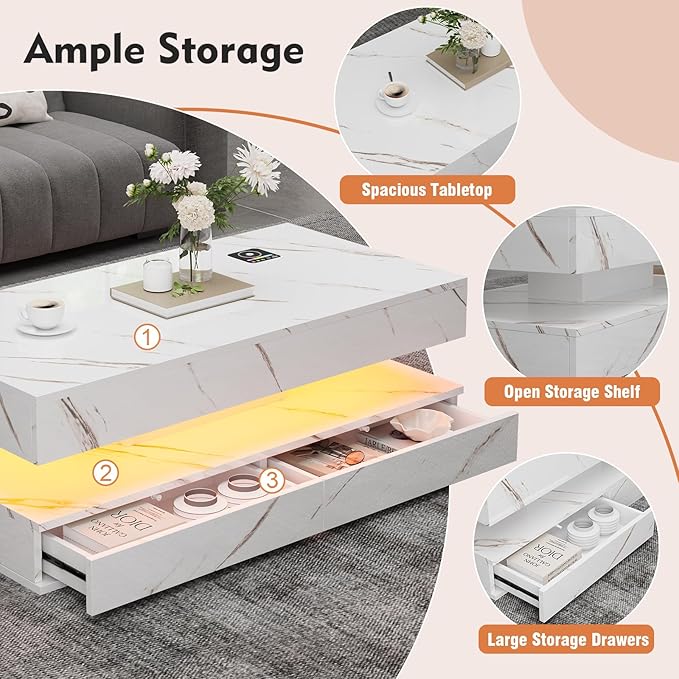 47" Modern LED Coffee Table with 2 Drawers, High Glossy Double-Layer Center Table with Wireless Charging and Built-in Bluetooth Speaker Smart Table for Living Room with Marbling White