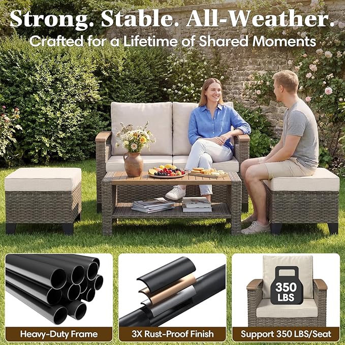 MELLCOM 8 Piece Patio Furniture Set, Wicker Patio Conversation Set with Swivel Glider, Loveseat Sofa, 3 Seat Sofa, 2 Ottomans, Side Table and Coffee Table for Deck Backyard - Brown Wicker Grey Cushion