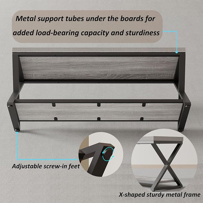 IBF Industrial Wood Entryway Bench, Indoor Farmhouse Hallway Accent Entry Bench for Seating Sitting with Storage, Metal Shoe Rack Grey Bench Organizer in Foyer Bedroom, Light Grey Oak, 47 Inch Long - Image 4