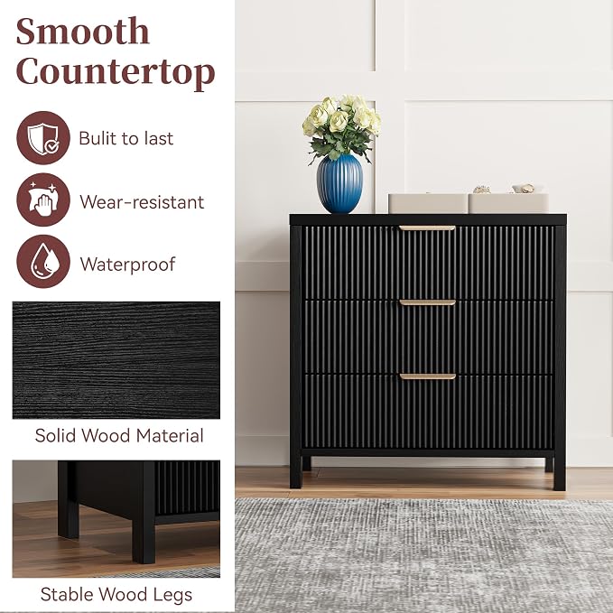 Fluted Nightstand, 23.7'' Wide Night Stand with 3 Drawers, Mid-Century Modern Bedside Table with Handles, Wood End Table for Bedroom, Black - Image 6