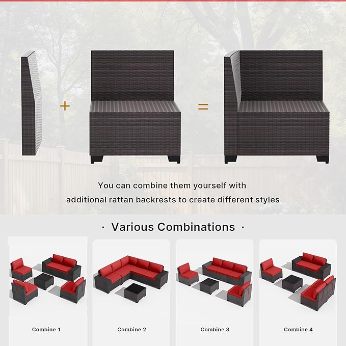 Gotland 6 Pieces Patio Furniture Set with 1 Coffee Table, 5 Seater Rattan Outdoor Sectional with Wide Armrests 29.5'' High Backrest Thick Waterproof Cushions, Conversation Sets for Deck Garden Red