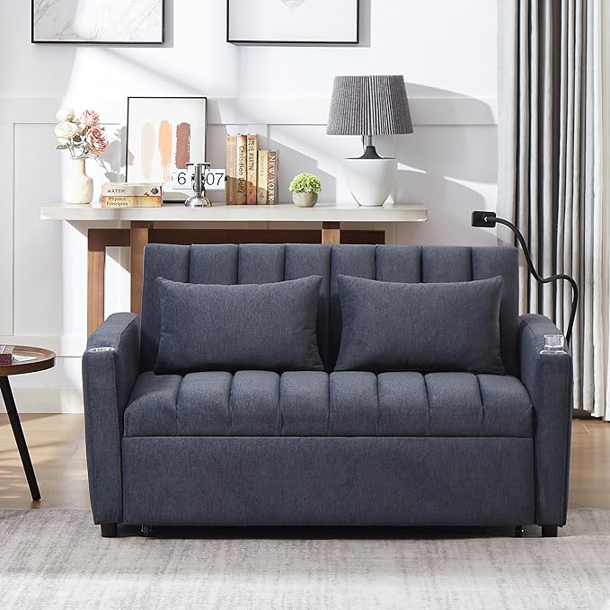 Eafurn 3 in 1 Convertible Sleeper Sofa Bed - Pull Out Couch Bed with Side Pockets, 55.9" Futon Love Seat Sleeper with Cup Holders and 360°Swivel Phone Holder for Living Room