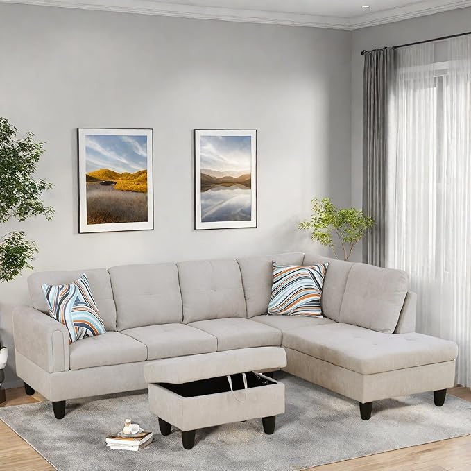 FONTOI L Shaped Sectional Couches, Modern Modular Sectional Sofa for Living Room Bedroom Furniture, Cozy 4 Seat Couch with Ottoman Storage & Chaise, Gray White