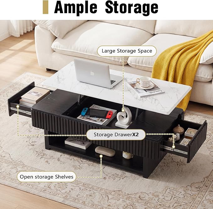 47.4" Rectangle Lift Top Coffee Table with Drawer & Hidden Storage, Modern Fluted Coffee Table with Marble-Pattern Top & Solid Wood Strips, Center Table for Living Room Apartment,Black & White
