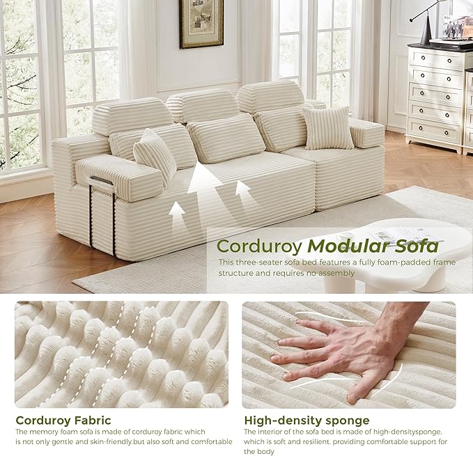 101" 3 Seater Sofa Cloud Modular Sectional Sofa with Chaise & Headrest, Boneless Deep Seat Plush Corduroy Couches for Living Room, No Assembly Required (White, 101" 3 Seater)