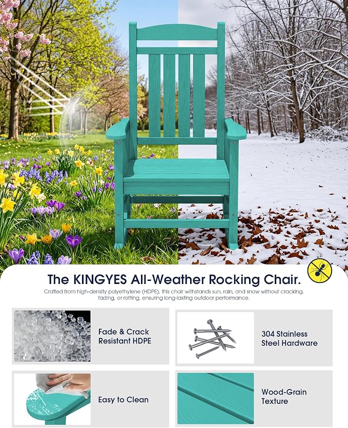 KINGYES Oversized Outdoor Rocking Chair Set of 2, High Density Polyethylene Patio Rocking Chairs with 350lbs Support for Adults, Aruba Blue - Image 5