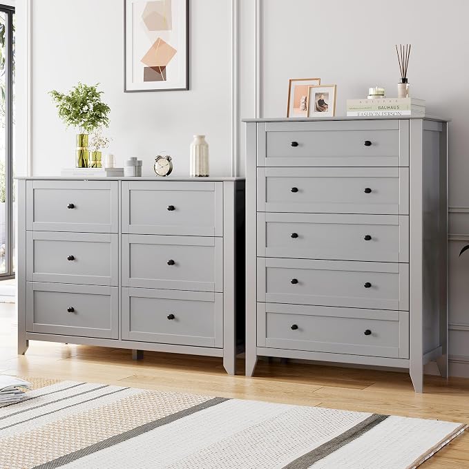 GarveeHome 5 Chest of Drawer Dresser, Wood Storage Organizer Cabinet with Drawers for Bedroom, Tall Dresser Nightstand for Living Room, Entryway, Grey - Image 3