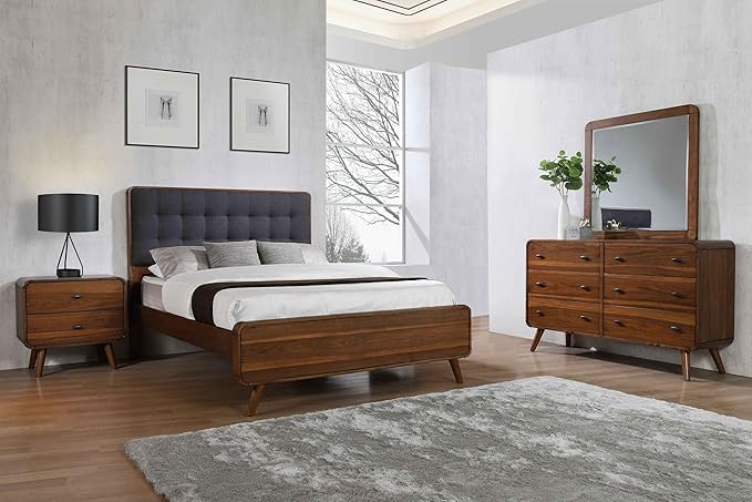 Coaster Home Furnishings Robyn Contemporary 4-Piece Bedroom Set Fabric Upholstered Queen Size Panel Bed Frame 53-inch Headboard Dark Walnut 205131Q-S4