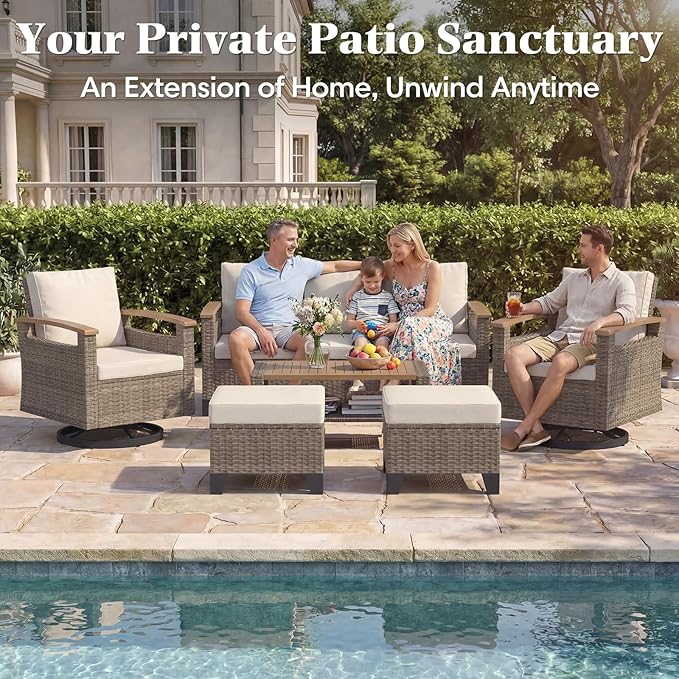 MELLCOM 6 Piece Patio Furniture Set, Wicker Patio Conversation Set with Swivel Glider Chair and 3-Seater Sofa and 2 Ottomans and Side Table for Deck Backyard