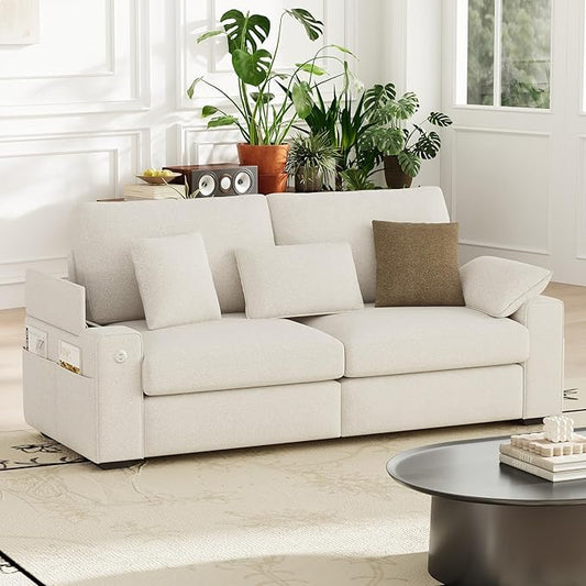 76" Loveseat Sofa, Cloud Foam Couch, 3 Seater Upholstered Midcentury Mondern Love Seat with USB Type C Ports, 4 Pillows and Storage Armrest for Living Room/Small Spaces, Beige | Breathable material