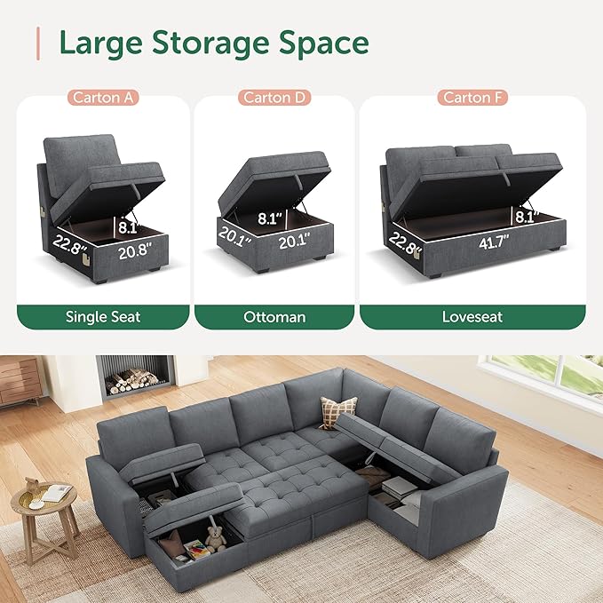 HONBAY Modular Sectional Couch with Pull Out Bed Sleeper Sofa with Storage U Shaped Modular Sectional Couches for Living Room,Warm Bluish Grey