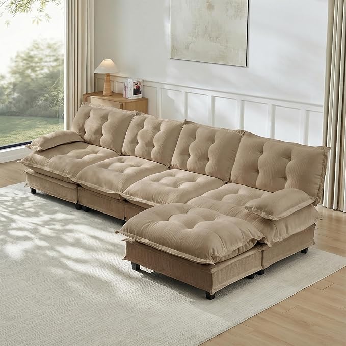 Oversized Modular Sectional Sofa with Reversible Ottoman, 138" Wide L-Shaped Chenille Cloud Couch for Living Room, Deep Seat Furniture Set with Detachable Pillow Armrest and Thickness Cushions | Free Combination, Tufted