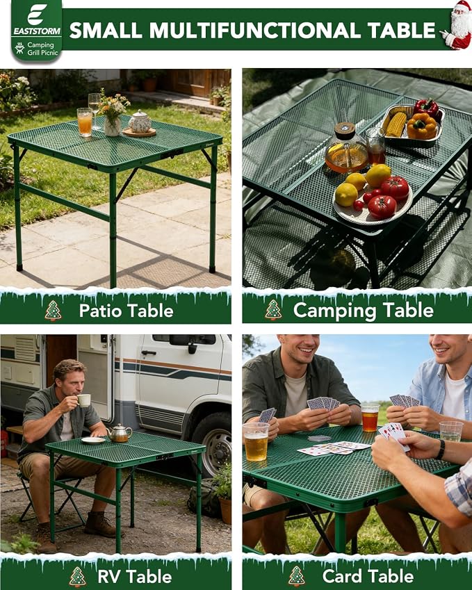 Square Folding Card Table with Adjustable Height (12" & 26"), Green Portable Metal Mesh Table for Camping, BBQ, Picnic, Game, Patio & Indoor Use, Fits 2–4 People, Lightweight 7.6 lb, Supports 66 lb - Image 8