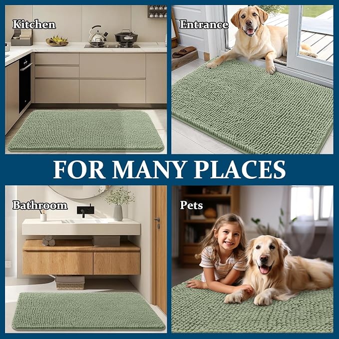 OLANLY Dog Door Mat for Muddy Paws 48x30, Absorbs Moisture and Dirt, Absorbent Non-Slip Washable Doormat, Quick Dry Chenille Mud Mat for Dogs, Entry Indoor Entryway Carpet for Inside Floor, Sage Green - Image 8