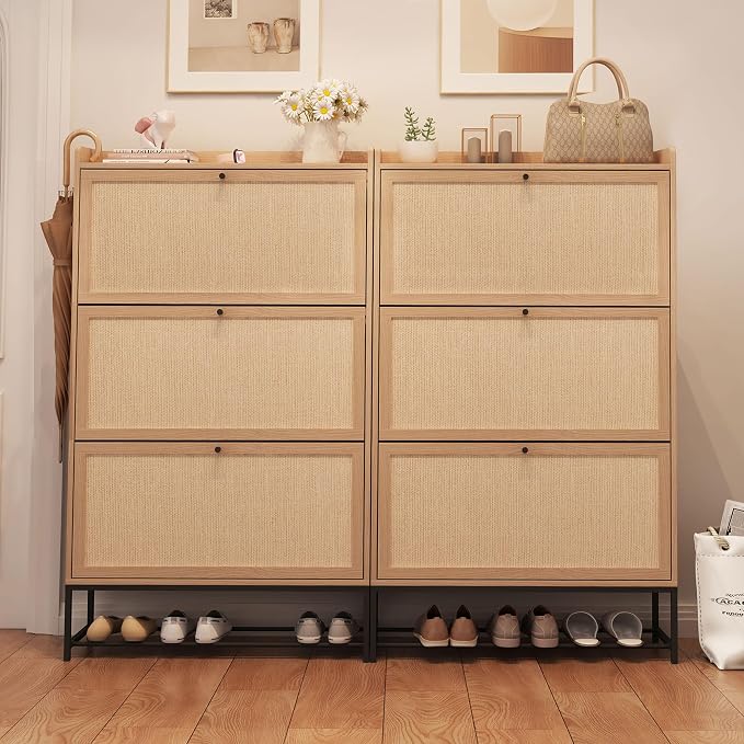 AVZEAR Narrow Shoe Storage Cabinet with 3 Flip Drawers, Freestanding Shoe Organizer Wooden Closed Shoe Rack, Slim Shoe Cabinet Storage for Entryway, Hallway, Living Room (Natural) - Image 7