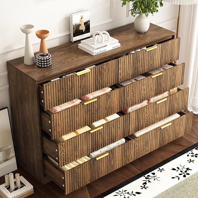 8 Drawer Dresser and Nightstand Sets for Bedroom, 3 Pcs Bedroom Set，Night Stand Set of 2 & 8 Drawer Dresser with Gold Handles, Modern Wood Chest of Drawers Storage Cabinet Set, Natural
