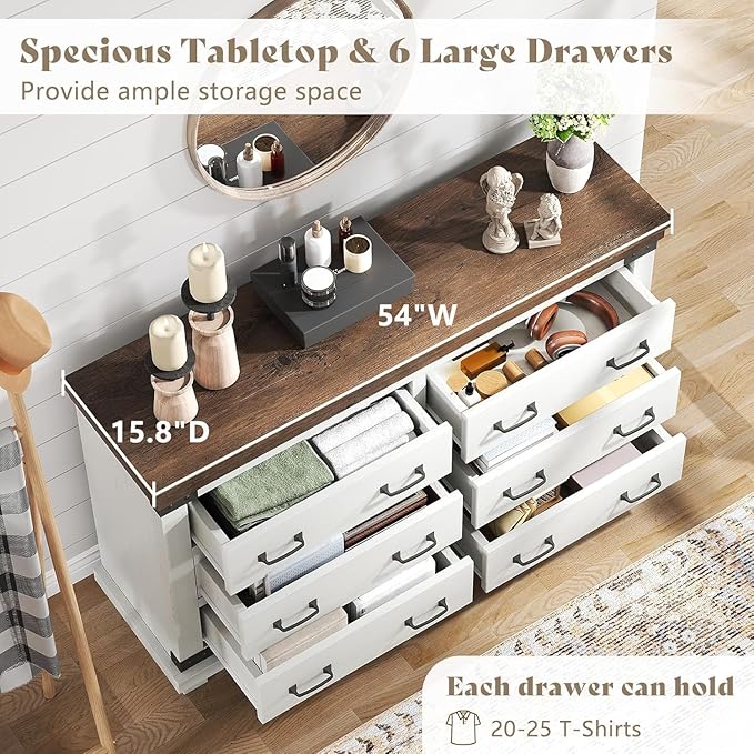 AMERLIFE 5 Pieces Farmhouse Wood Bedroom Set, Includes Rustic Full Bed Frame with 54" Tall Headboard, 6 Drawer Dresser Chest, 5 Drawer Tall Dresser, Nightstands Set of 2 with Charging Station, White