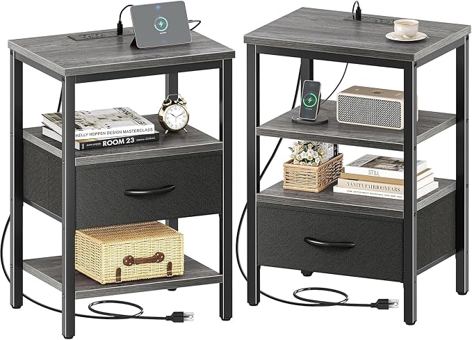 SUPERJARE Nightstand Set of 2, Bed Side Tables with Charging Station, Adjustable Fabric Drawer, Night Stand for Bedroom, 3-Tier Storage End Tables, for Living Room - Charcoal Gray by SUPERJARE