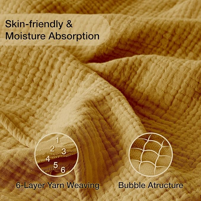100% Cotton Muslin Blanket 50"x 60", 6 Layers Breathable and Lightweight Cotton Throw Blankets for Couch, Soft Cooling Summer Gauze Blanket for Adults All Season, Mustard