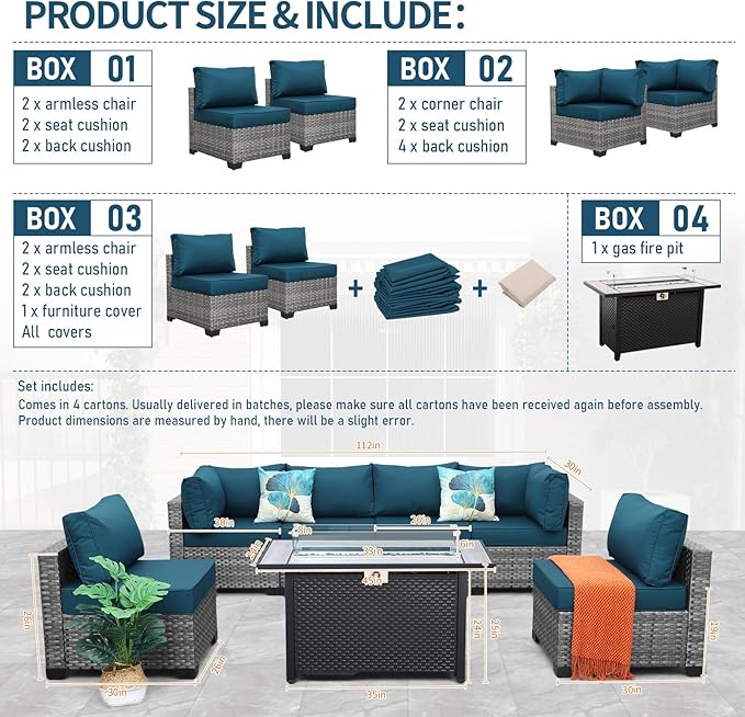 7 Pieces Wicker Patio Furniture Set Rattan Outdoor Sectional Conversation Sofa Set with Fire Pit Table Non-Slip Cushions and Furniture Cover, Peacock Blue