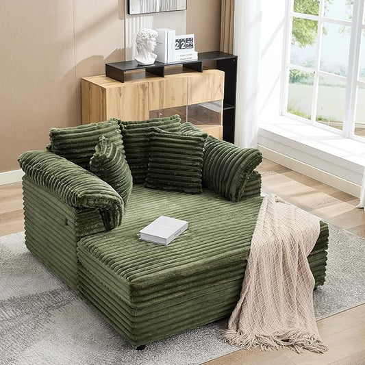 Oversized Chaise Lounge Chair 59 * 54 Inch Indoor Comfy Corduroy Cloud Sleeper Couch Upholstered Sofa Bed with USB Port Throw Pillows Supportive Armrests for Living Room
