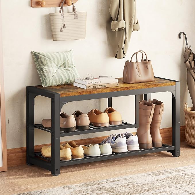 HOMEFORT Shoe Bench,3 Tiers Shoe Rack Bench,31.5" Shoe Storage Bench for Entryway, Retro Industrial Entry Bench with Mesh Shelves and Boot Storage,for Front Door Entrance, Rustic Brown - Image 4