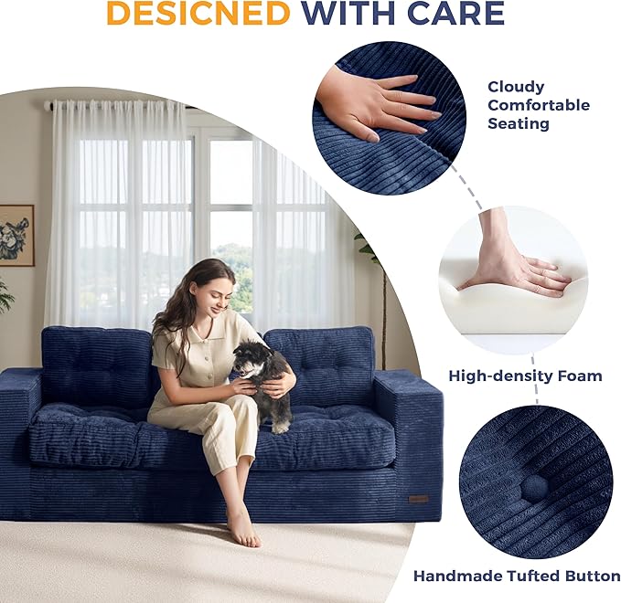 MAXYOYO Oversized Loveseat Sofa Couch, Upholstered Bean Bag Chair Cloud 3-Seat for Adults, Boneless Couch with Tufted Cushion & Pillows, Sofa in A Box, No Assembly Required, Navy