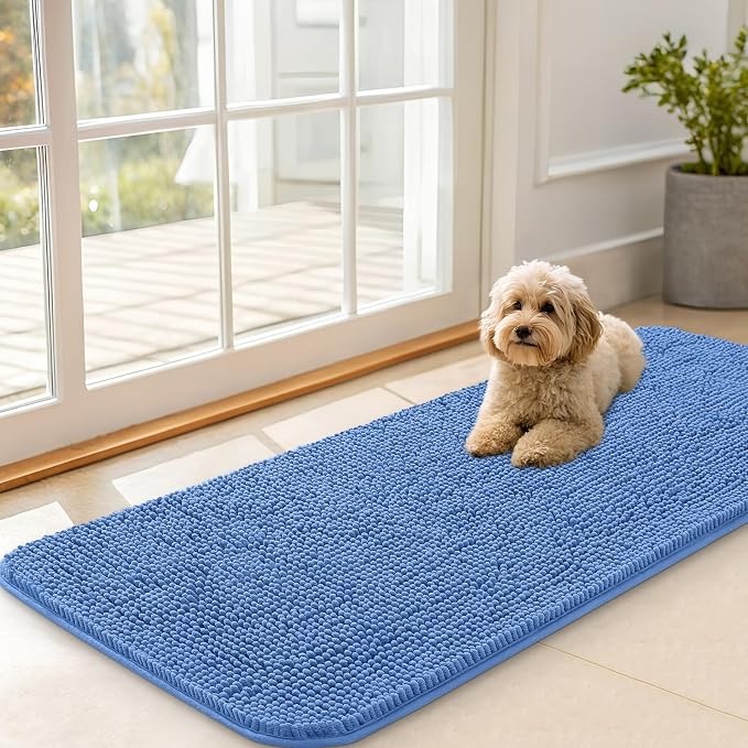 OLANLY Dog Door Mat for Muddy Paws 47x20, Absorbs Moisture and Dirt, Absorbent Non-Slip Washable Doormat, Quick Dry Chenille Mud Mat, Entry Indoor Entryway Carpet for Inside Floor, Cornflower Blue by OLANLY