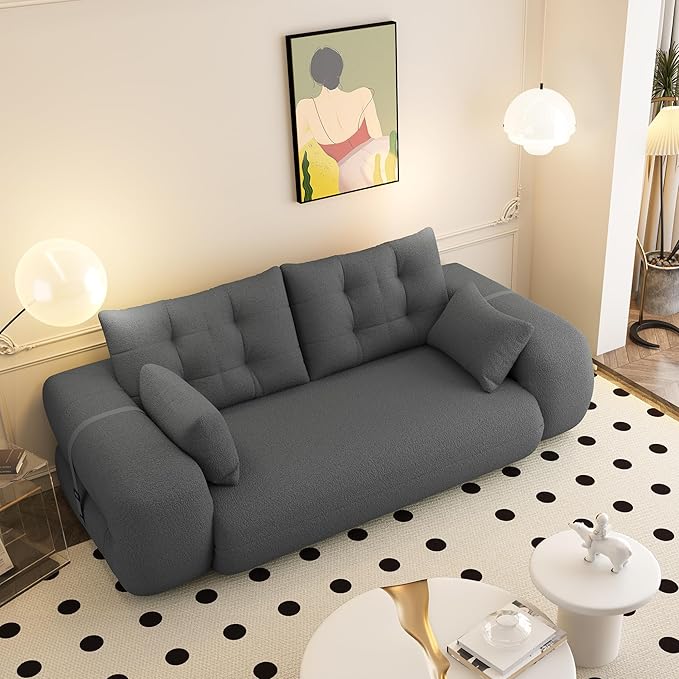 78.7" Convertible Sofa Bed, 3-in-1 Folding Floor Couch with 4 Pillows, Sleeper Sofa for Living Room and Guest Bed, No Assembly Required (Grey, Teddy Fabric)