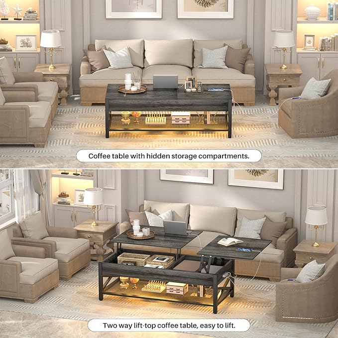 Aheaplus Lift Top Coffee Center Table with LED Light and Power Outlet, Modern Table with Storage Shelf for Living Room, Lift Tabletop, X Support, Metal Frame, Black Oak