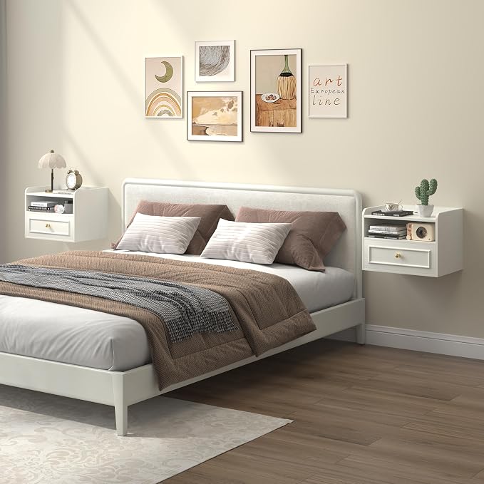 Floating Nightstand with Charging Station Set of 2, Modern Wall Mounted Bedside Tables with Drawer & Open Shelf, Modern Hanging Table with USB & Type C Ports for Bedroom, Small Spaces (AntiqueWhite) - Image 6