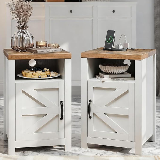 Farmhouse Nightstand with Charging Station, Couch Side Table Set of 2, Bedside Table with Storage Space, End Tables with Barn Door, Bed Side Tables for Living Room and Bedroom, White by Unknown