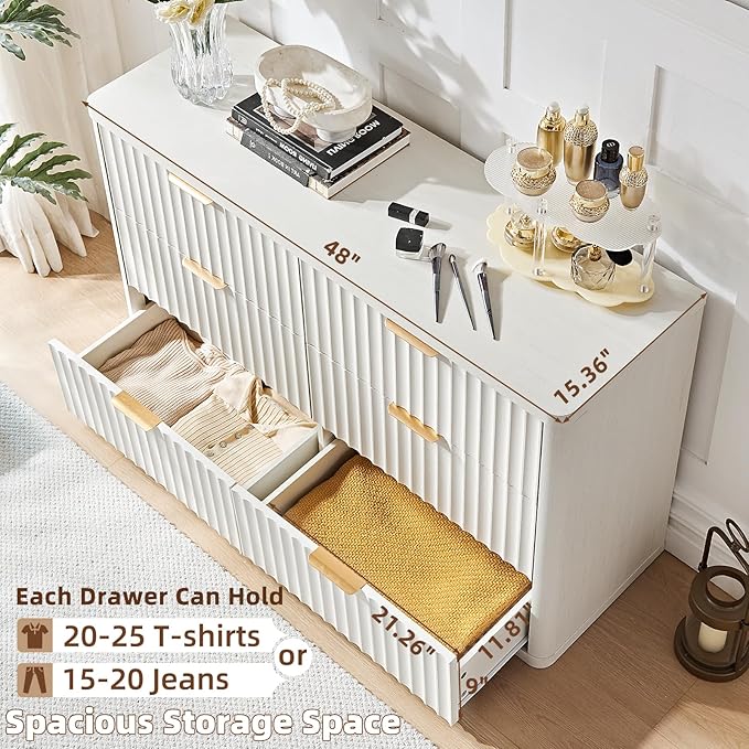 LEYAOYAO Fluted Dressers & Nightstand Set of 4, Wood 48" Wide Dresser & 42" Tall Chest of Drawers,Modern Bedroom Furniture Sets,White Wooden Nightstand Set of 2 with 2 Drawers & Charging Station