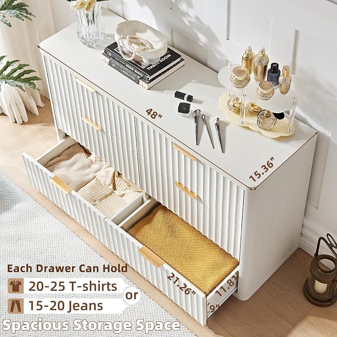 LEYAOYAO Fluted 6 Drawers Dresser Set of 2, 48" Wide Modern Chest of Drawers with Wood Grain Top, Curved Profile Design, Dresser TV Stand, Wooden Drawer Organizer for Bedroom, Living Room, White - Image 7