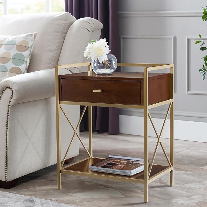 Claudette Nightstand with USB-C Fast Charging Station, Solid Wood and Metal, Walnut Brown and Gold Side Table, Perfect for Bedrooms, Living Rooms, and Offices – Leick Home, 9069-WA - Image 2