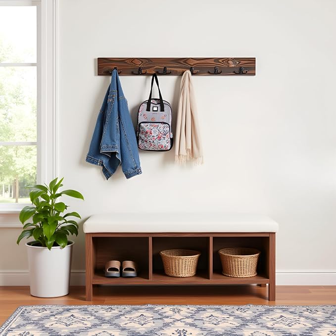 Alaterre Furniture Pomona Entryway Coat Hook – Modern Rustic 48-Inch Wall Mounted Coat Rack with 6 Hooks – Solid Wood and Space Saving for Jackets, Scarves & Bags in Mudroom or Hallway (Rustic Brown) - Image 6