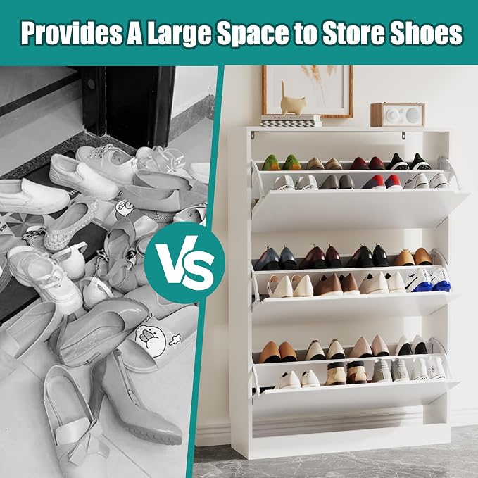 Xixini Shoe Storage Cabinet for Entryway with 3 Flip Drawers, Sturdy Wood Hidden Shoe Storage, Freestanding Narrow Slim Shoe Organizer for Front Door Entrance, Living Room, Hallway, Bedroom, White - Image 6