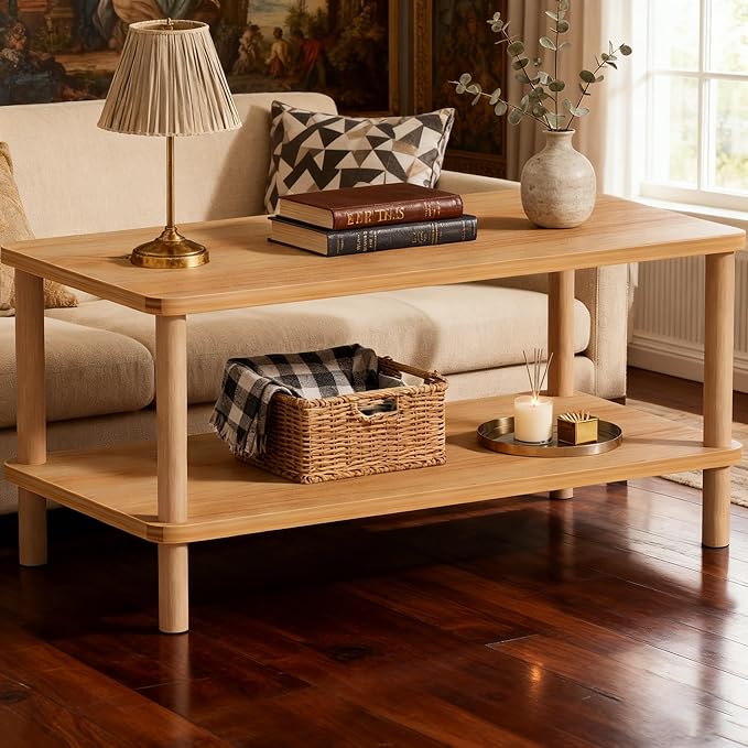 2 Tier Coffee Table Low Table with Solid Wood Legs, Japanese Coffee Table for living Room, Side Table Sofa Table, Floor Table Desk for Sitting on The Floor, Storage Shelf Furniture for Office, Natural