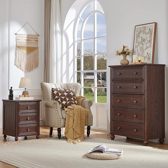 RWYHG 18" Farmhouse Night Stand, Walnut Wood Nightstand with 3 Drawers, Bedside End Table with Storage and Roman Column, Bed Side Tables Cabinet for Bedroom, Living Room, and Closet - Image 6