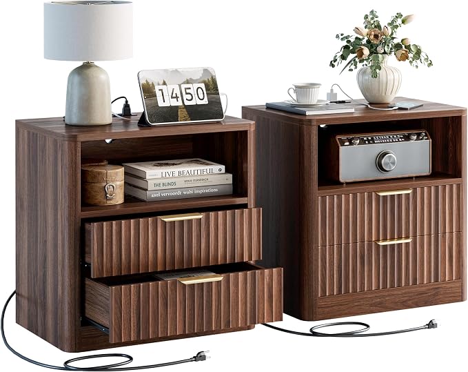 IRONCK Fluted Night Stand Set of 2, Modern Nightstand with Charging Station, Drawers and Open Shelves - Bedside Table Wood Side Table Set for Bedroom (Walnut) by IRONCK
