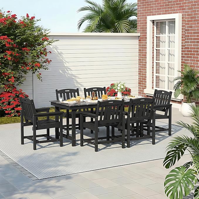Mdeam 7-Piece HIPS Outdoor Dining Set, 66.9" Marble Texture Patio Table with Umbrella Hole, 440LBS Capacity, 6 Wider Chairs,Dining Table Set for 6, Outdoor Furniture with Galvanized Steel Frame, Black - Image 8