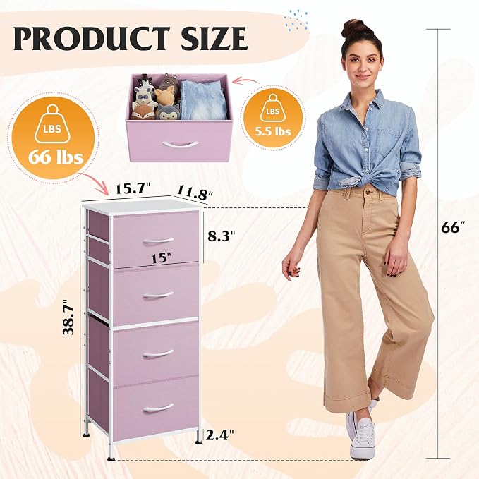 WLIVE Dresser with 4 Drawers, Storage Tower, Organizer Unit, Fabric Dresser for Bedroom, Hallway, Entryway, Closets, Sturdy Steel Frame, Wood Top, Easy Pull Handle,A-Pink - Image 3