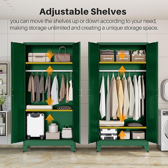 winiowa Metal Armoire Wardrobe Closet with 2 Mirror Doors, 71" Wardrobe Cabinet with Adjustable Shelves and Hanging Rod, Clothing Storage Cabinet Closet with Mirror for Bedroom-Green