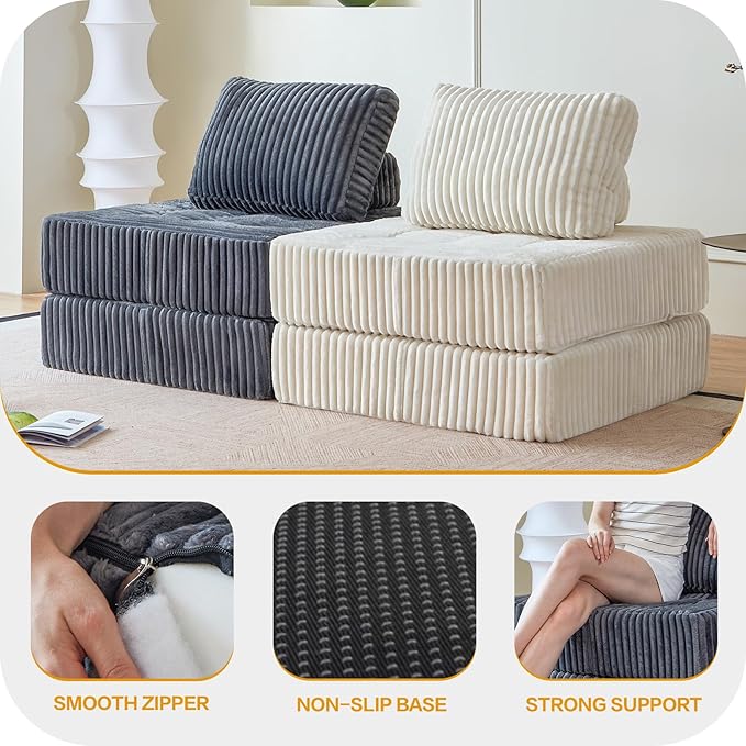 Convertible Floor Chair Bed, Foldable Foam Sofa Mattress with Support Pillow, Lightweight Single Fold Out Sleeper for Apartments, Dorms (Beige, Corduroy)