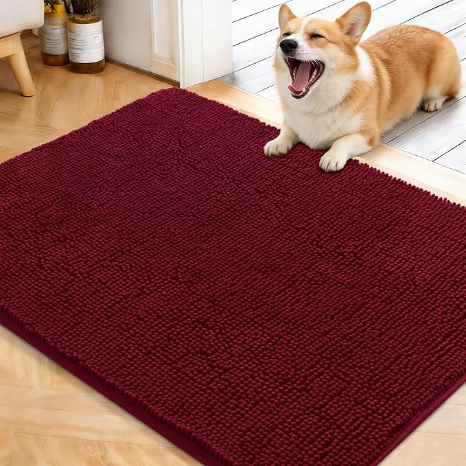 OLANLY Dog Door Mat for Muddy Paws 40x32, Absorbs Moisture and Dirt, Absorbent Non-Slip Washable Doormat, Quick Dry Chenille Mud Mat for Dogs, Entry Indoor Entryway Carpet for Inside Floor, Burgundy by OLANLY