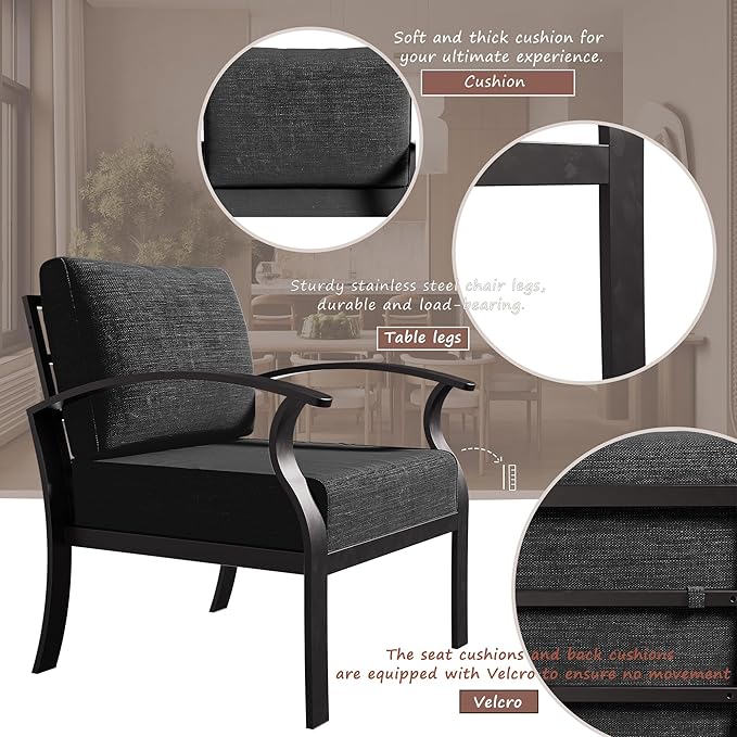 Patio Furniture Set 3-Piece Aluminum Armrest Sofa, All-Weather Patio Conversation Set with Tempered Glass Top Table & Removable Sponge Cushions for Backyard Poolside - Black.