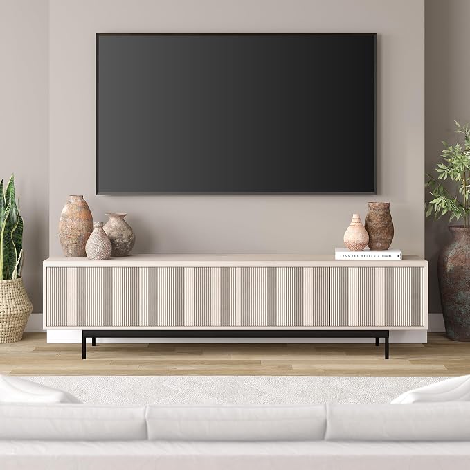 Henn&Hart Fluted TV Stand for TVs up to 85" with 2 Open-Concept Ribbed Storage Cabinets for Living Room, Family Room, or Office, Beech White - Image 2