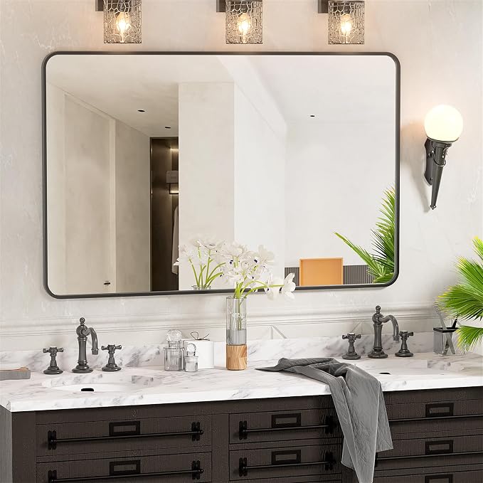 Antok Bathroom Mirror, 48"x30" Wall Mirror, Decorative Mirrors Vanity Mirror Aluminum Alloy Frame Contemporary Rectangular Hanging Mirror for Living Room Bathroom Entryway,Black,Round Corner - Image 2
