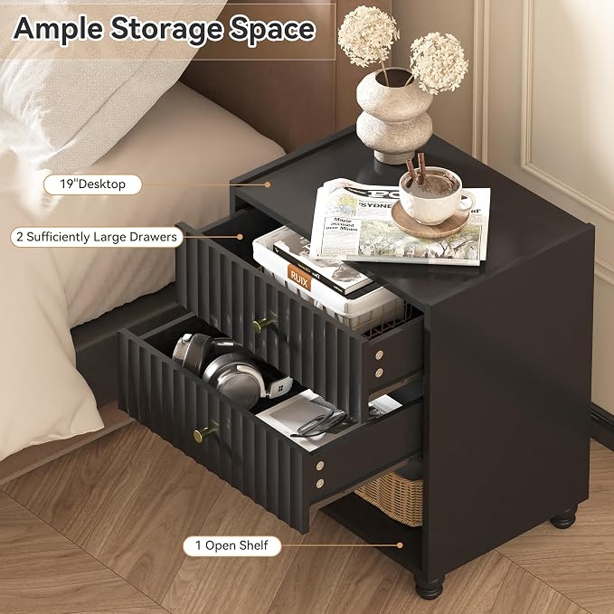 Modern Nightstand, Fluted End Table with 2 Drawers, Nightstand with Open Shelf for Bedroom (2, Black) - Image 4