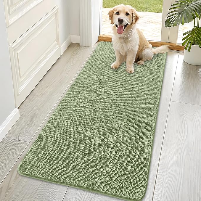 OLANLY Dog Door Mat for Muddy Paws 70x35, Absorbs Moisture and Dirt, Absorbent Non-Slip Washable Doormat, Quick Dry Chenille Mud Mat for Dogs, Entry Indoor Entryway Carpet for Inside Floor, Sage Green by OLANLY